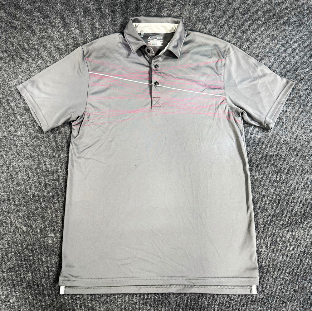 Under Armour Mens Golf Polo Size Small Gray Pink Line Print HeatGear Loose Fit